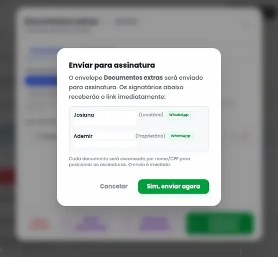 Opções de envio da minuta do contrato para proprietário e inquilino